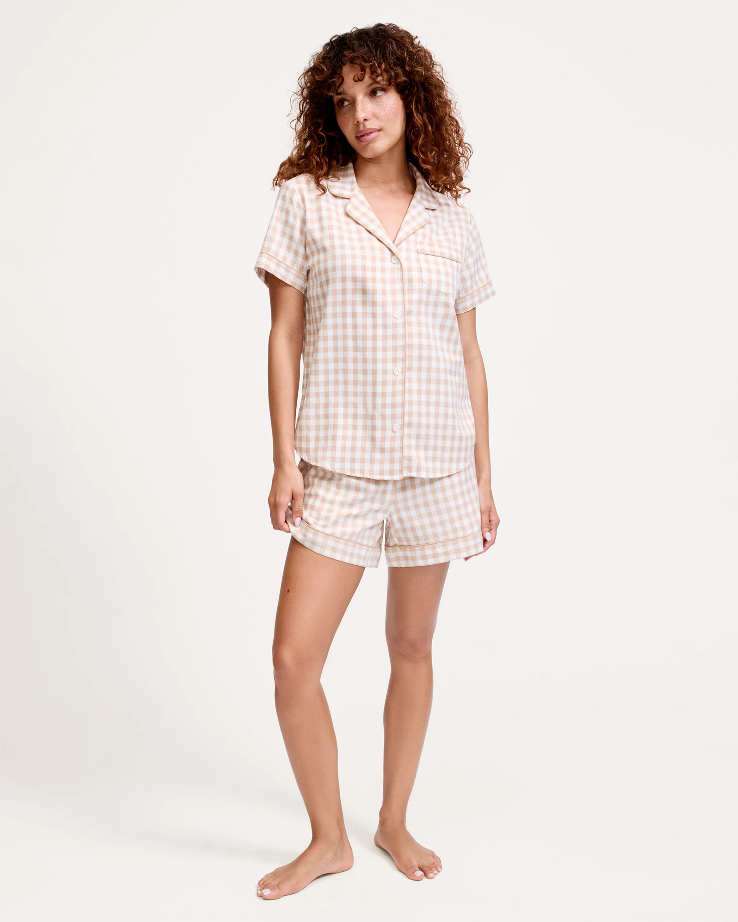 Women's Twill Short Sleeve Short Set in Camel Gingham - Image 3