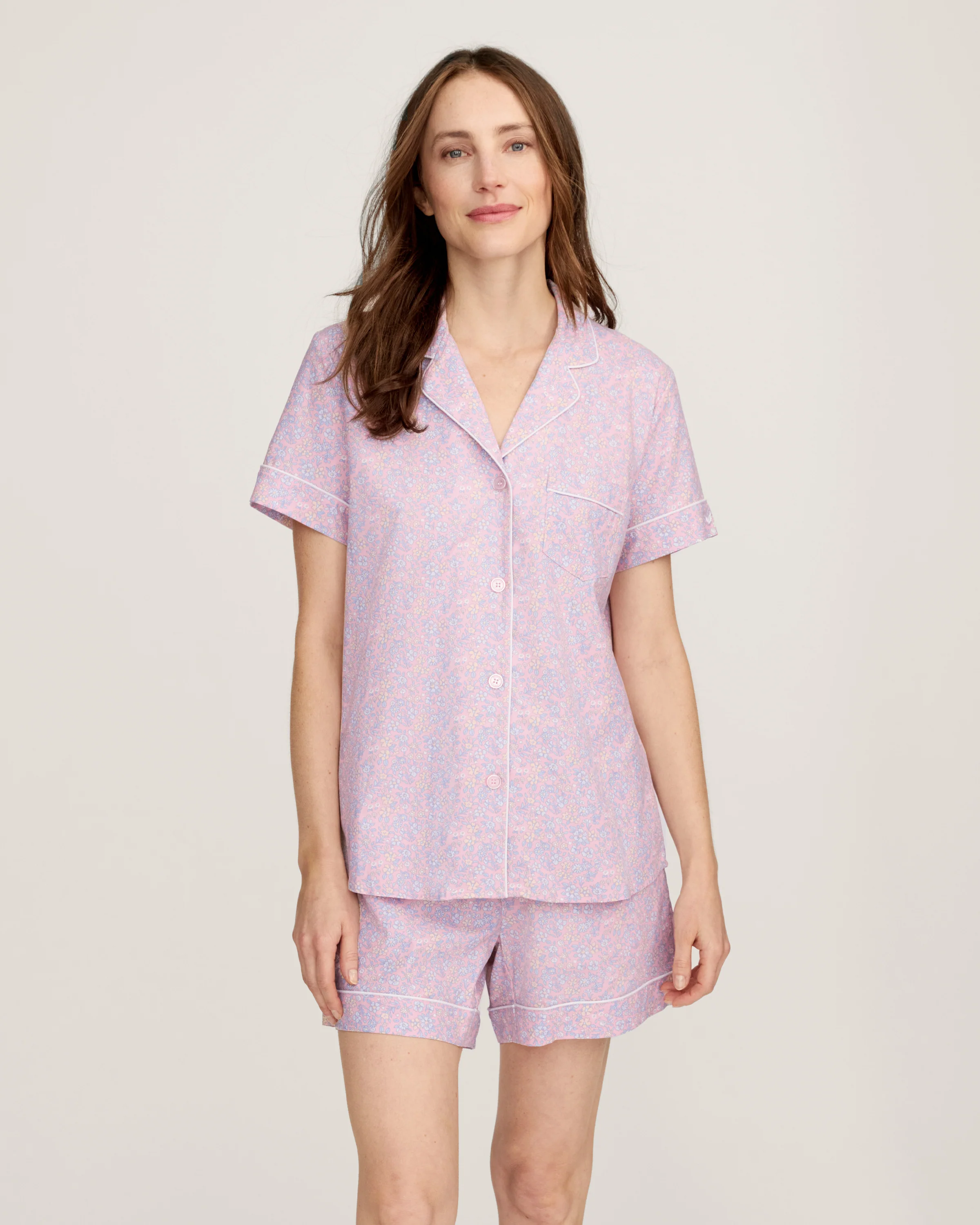Women's Twill Short Sleeve Short Set in Fleur Blush