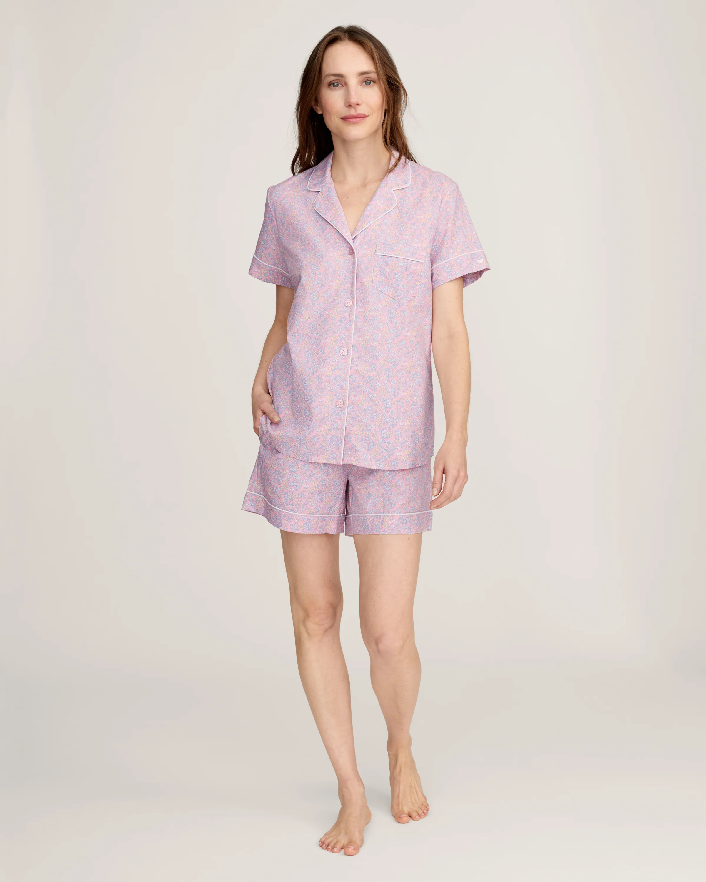 Women's Twill Short Sleeve Short Set in Fleur Blush - Image 3
