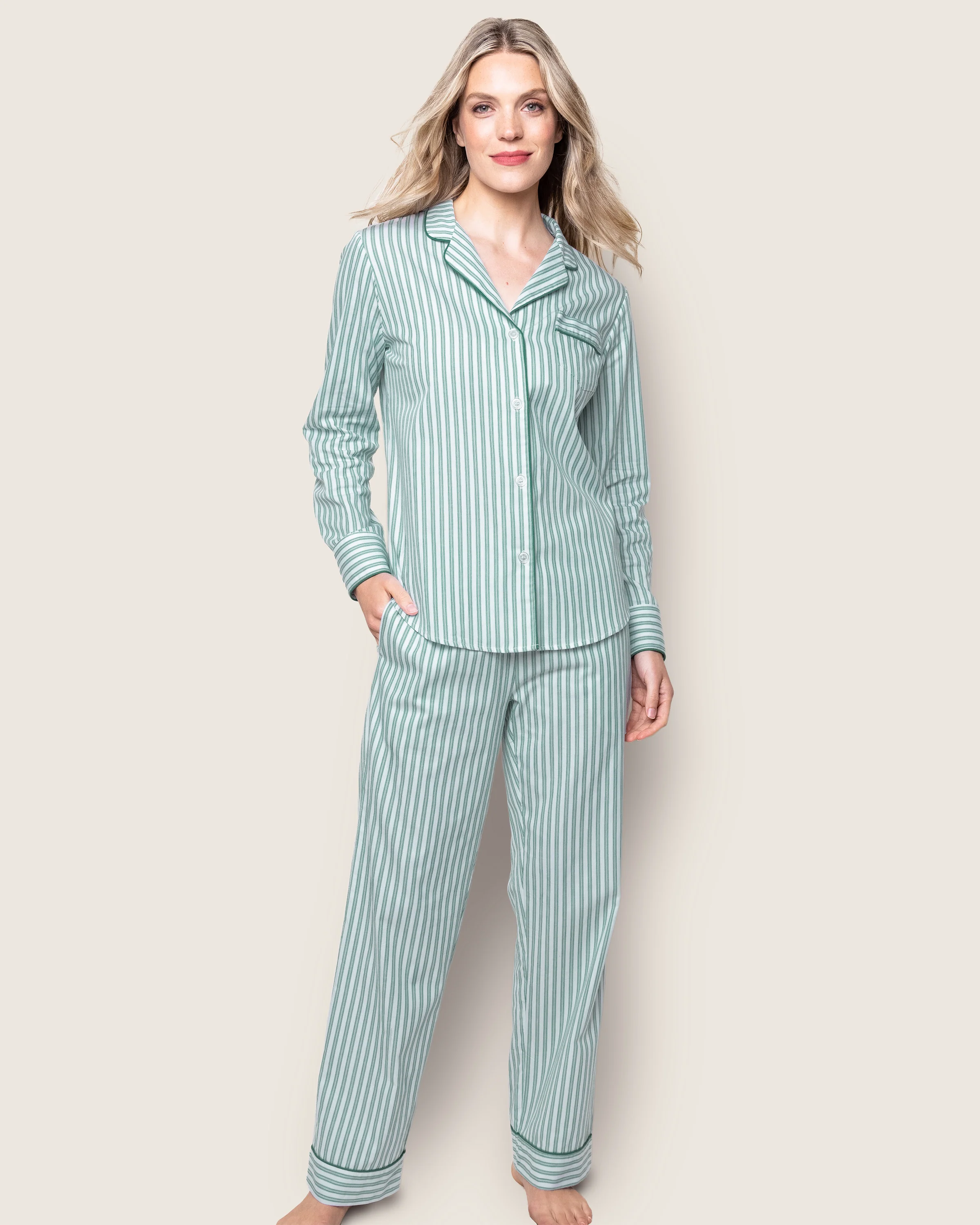 Women's Twill Pajama Set in Emerald Ticking - Image 2