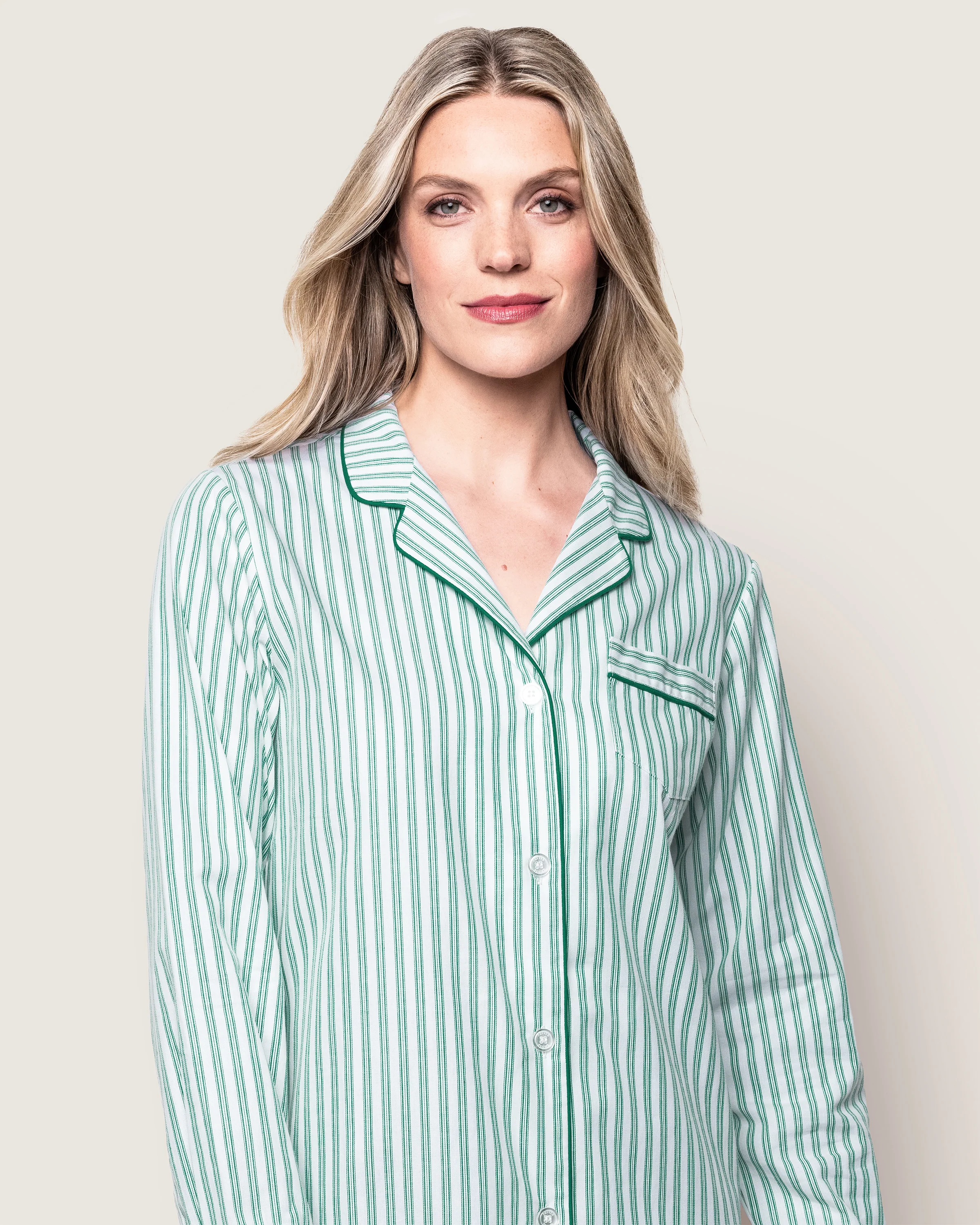 Women's Twill Pajama Set in Emerald Ticking - Image 3