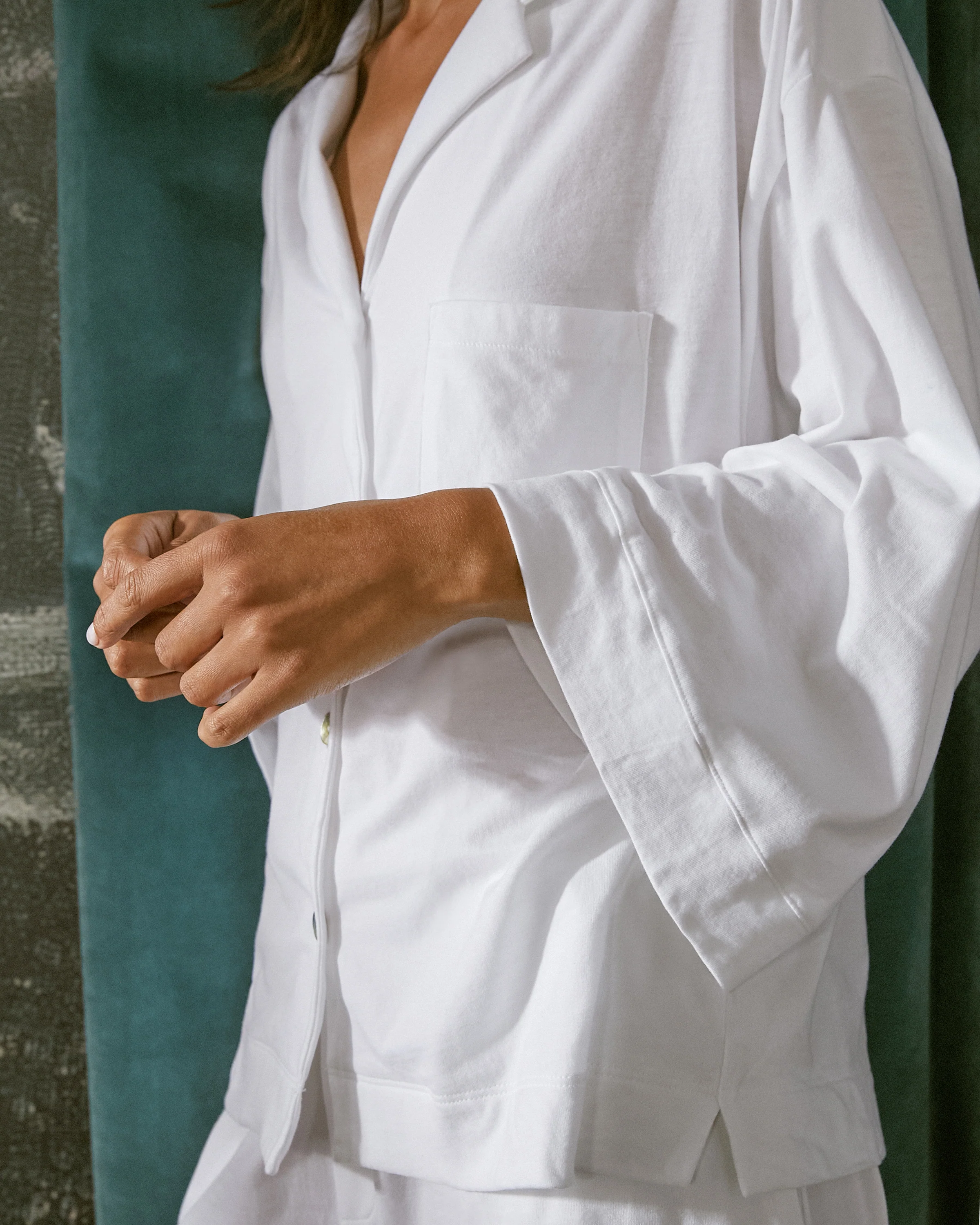 The Olivia Wide Leg Pima Pajama Set in White - Image 5