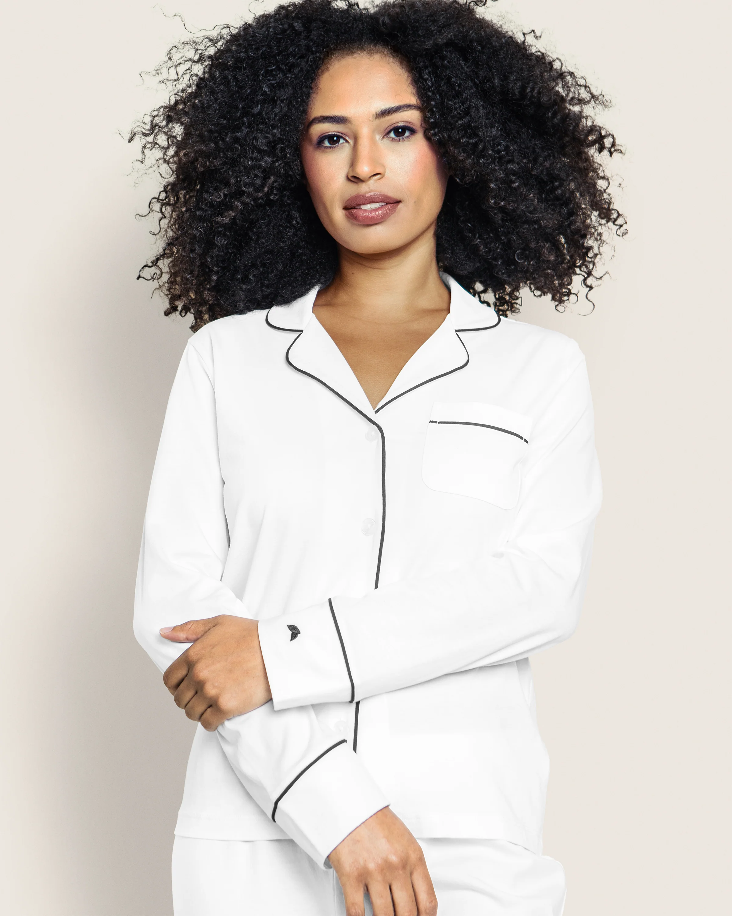 Women's Pima Pajama Set in White with Black Piping - Image 2