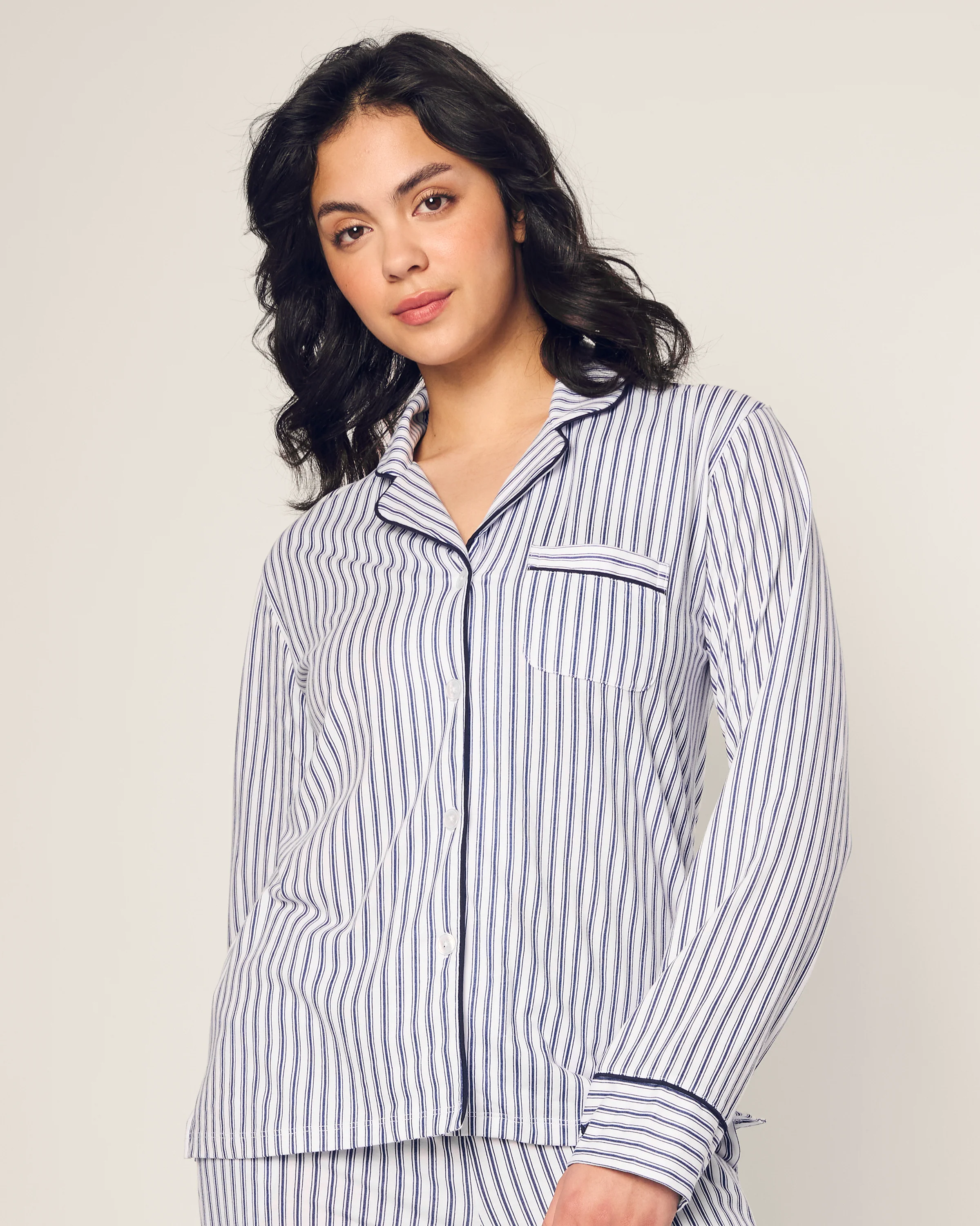Women's Pima Pajama Set in Navy French Ticking - Image 2