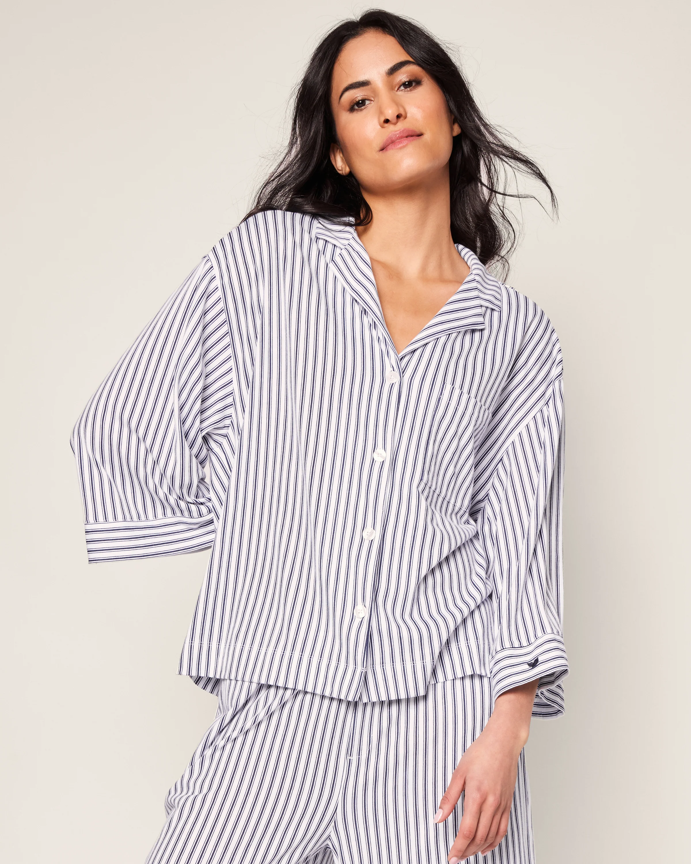 The Olivia Wide Leg Pima Pajama Set in Navy French Ticking - Image 3
