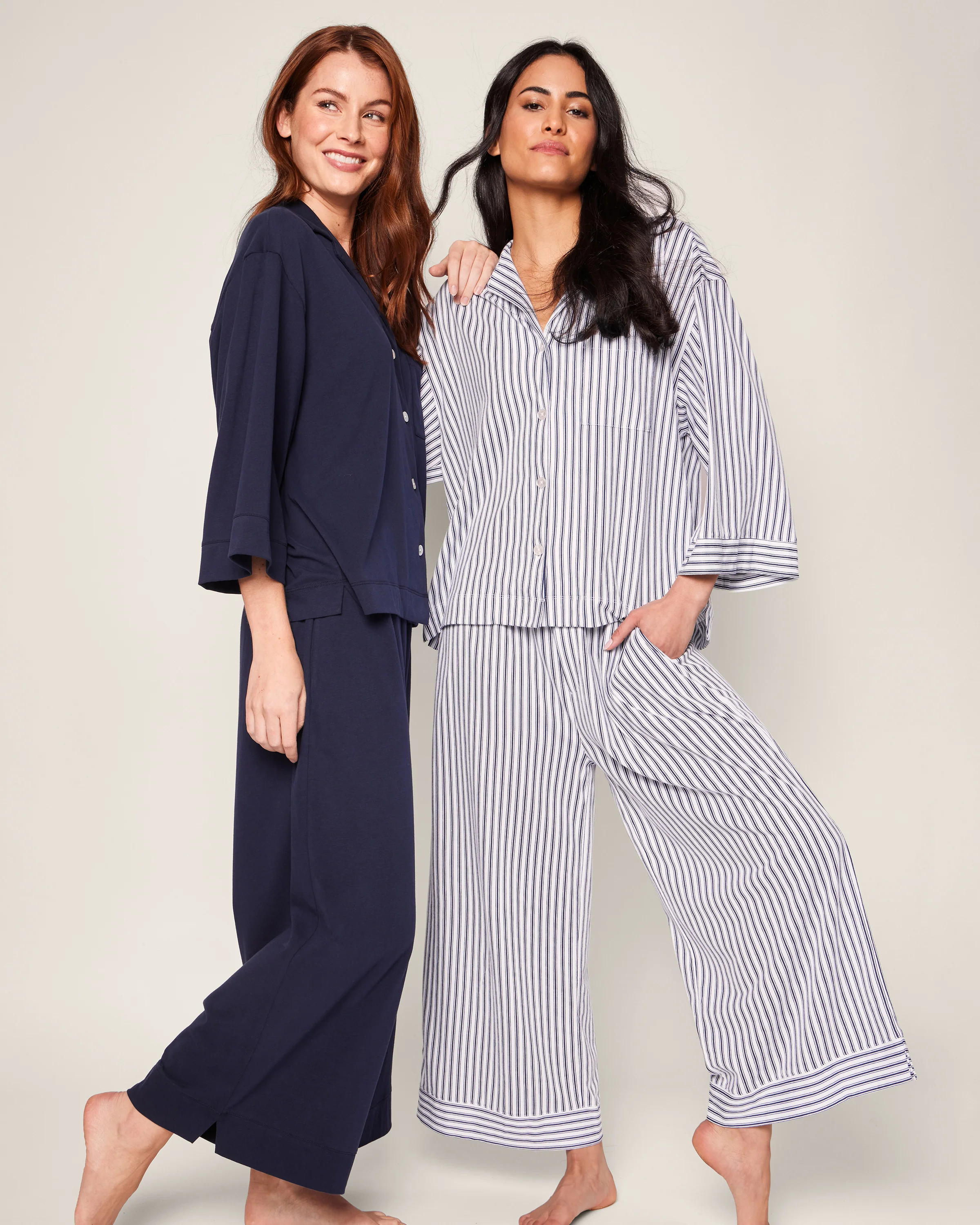 The Olivia Wide Leg Pima Pajama Set in Navy French Ticking - Image 4