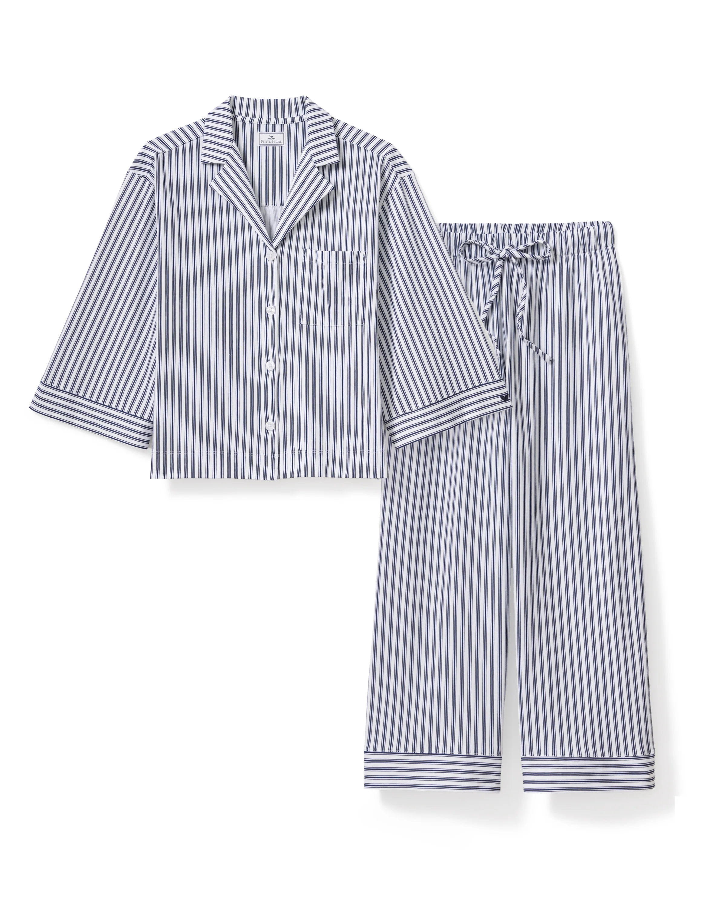 The Olivia Wide Leg Pima Pajama Set in Navy French Ticking - Image 7