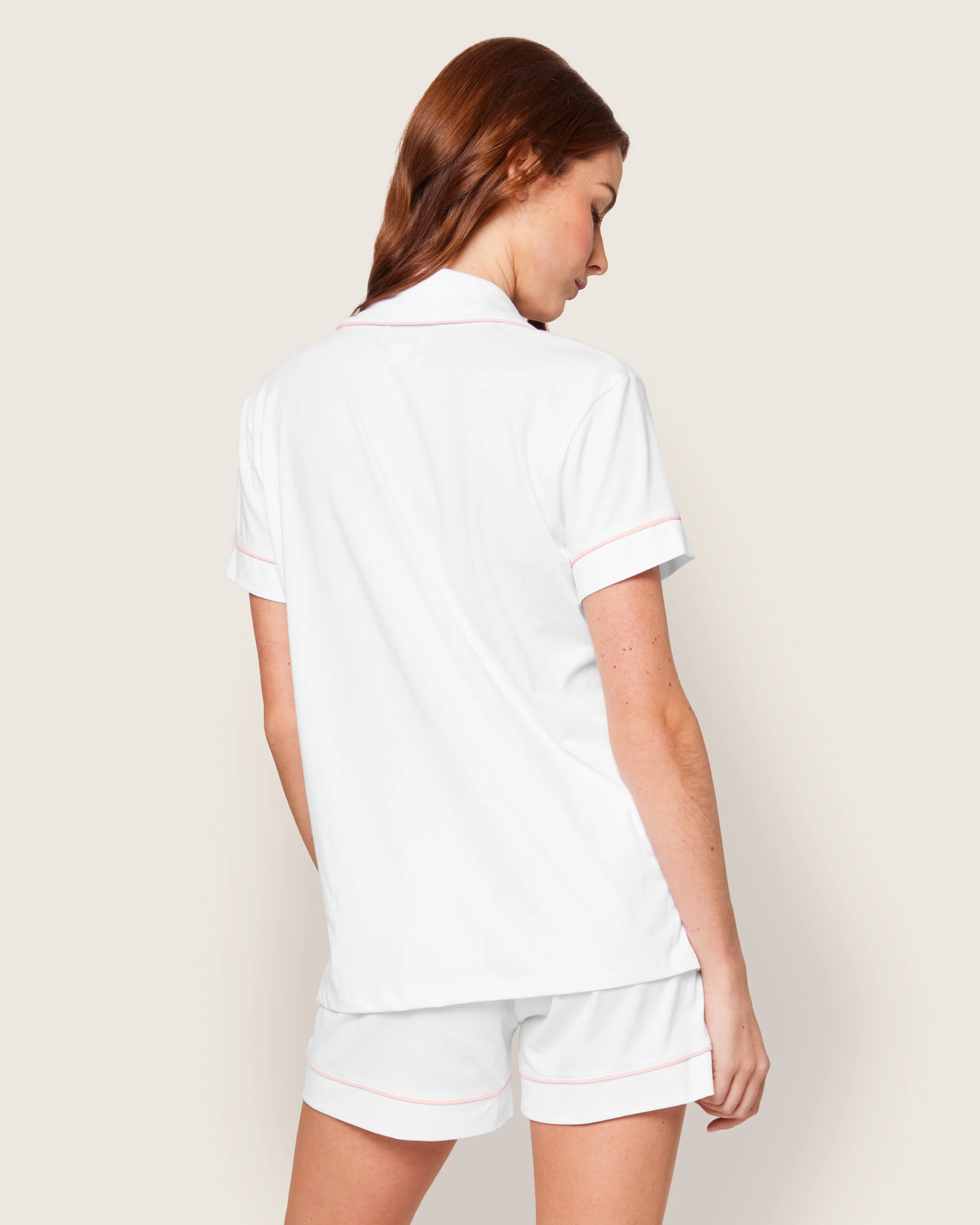 Women's Pima Pajama Short Set in White with Pink Piping - Image 3