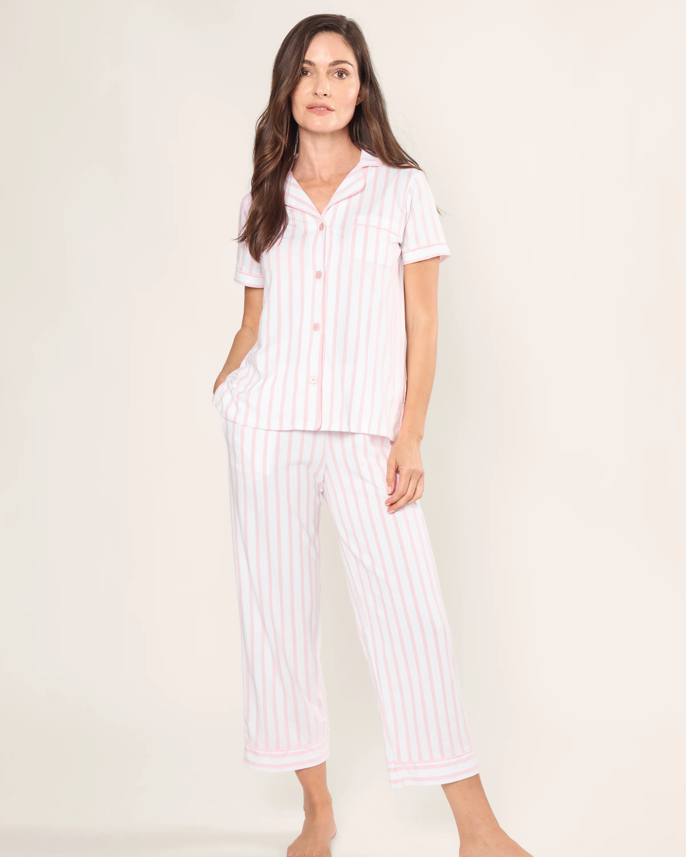 Women's Pima Cropped Pajama Set in Pink Stripe