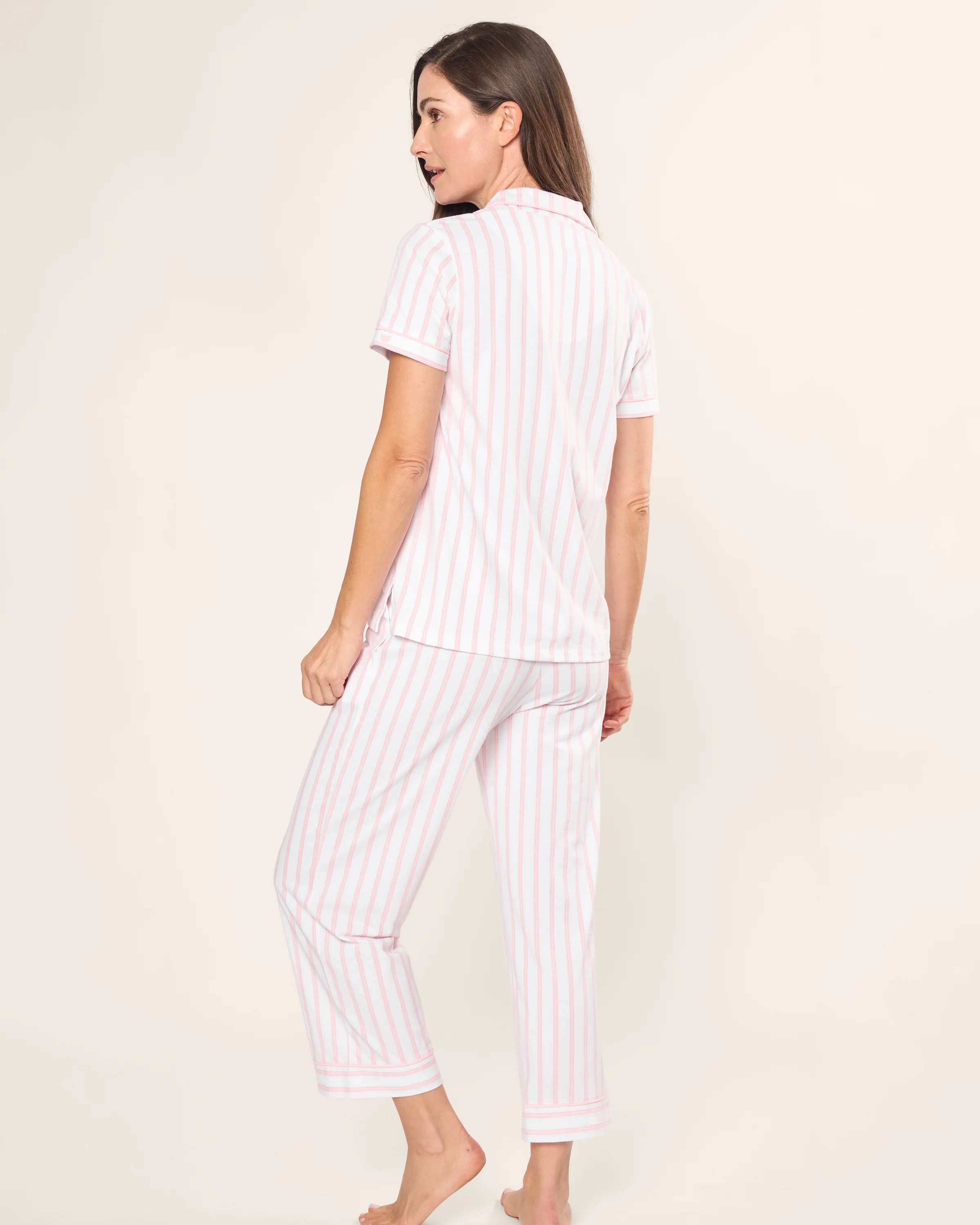 Women's Pima Cropped Pajama Set in Pink Stripe - Image 4