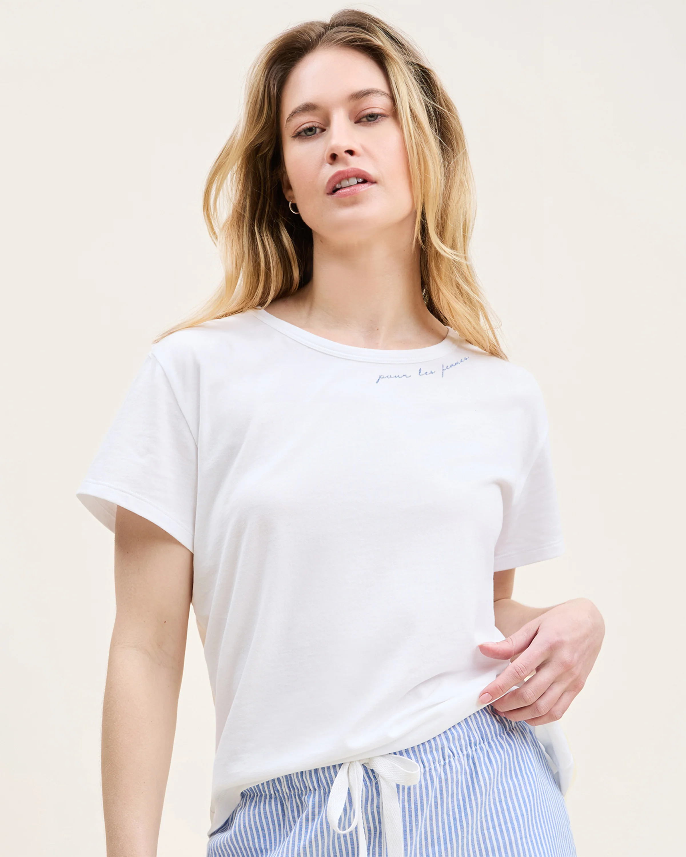 Women's Pima Essential Crew Neck Tee With "Pour Les Femmes" Embroidery - Image 2