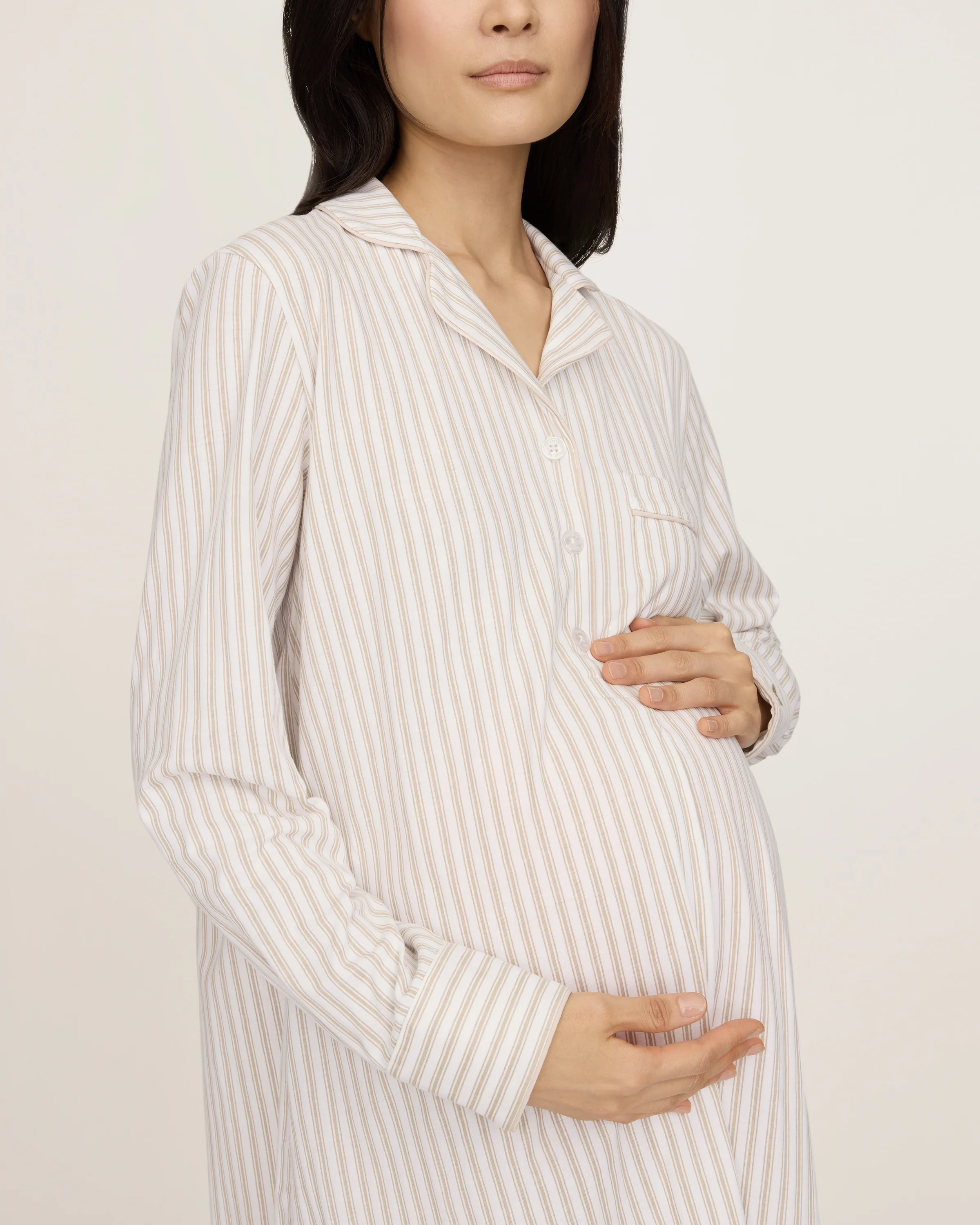 Women's Pima Maternity Nightshirt in Camel Ticking - Image 2