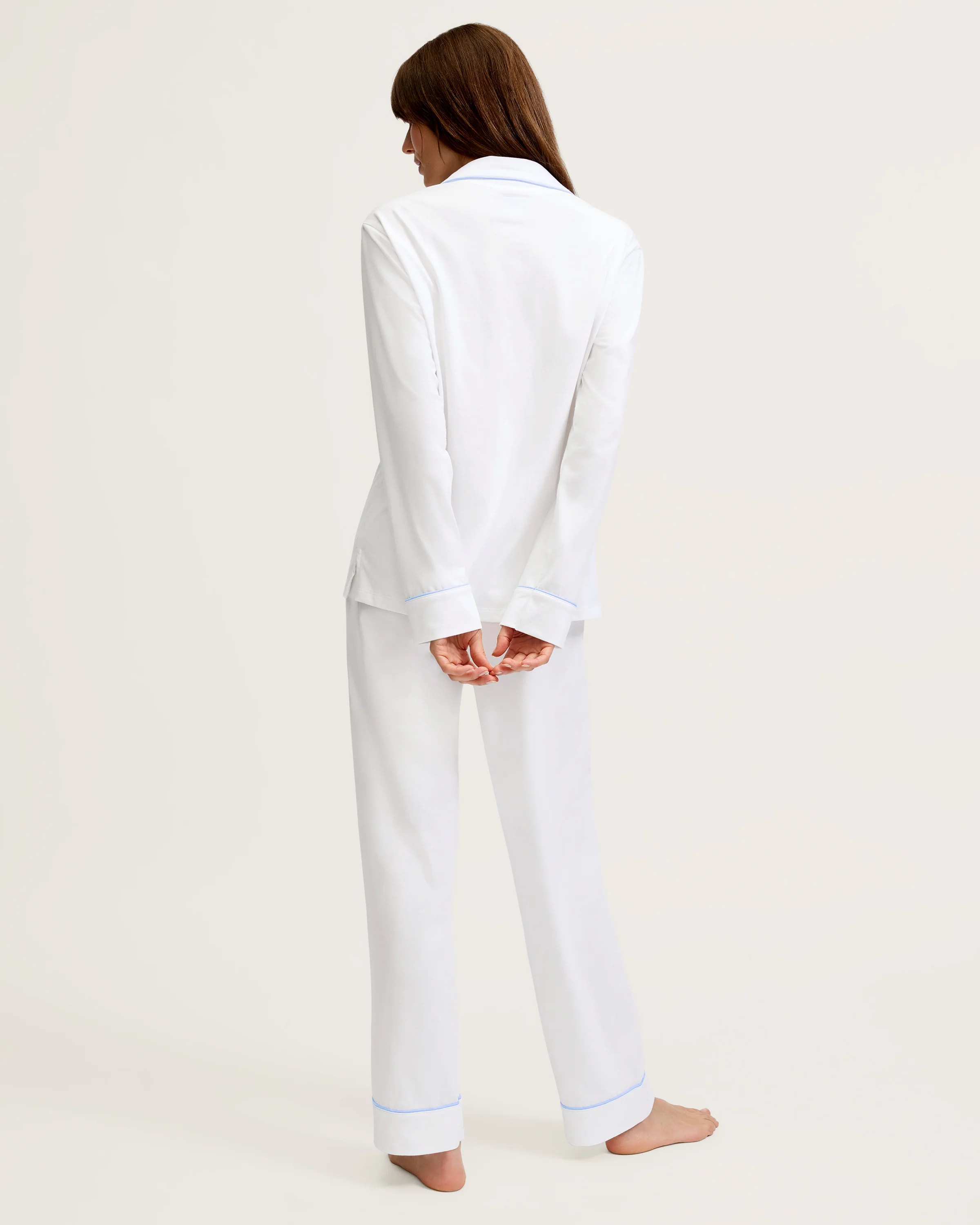 Women's Pima Pajama Set in White with Periwinkle Piping - Image 3