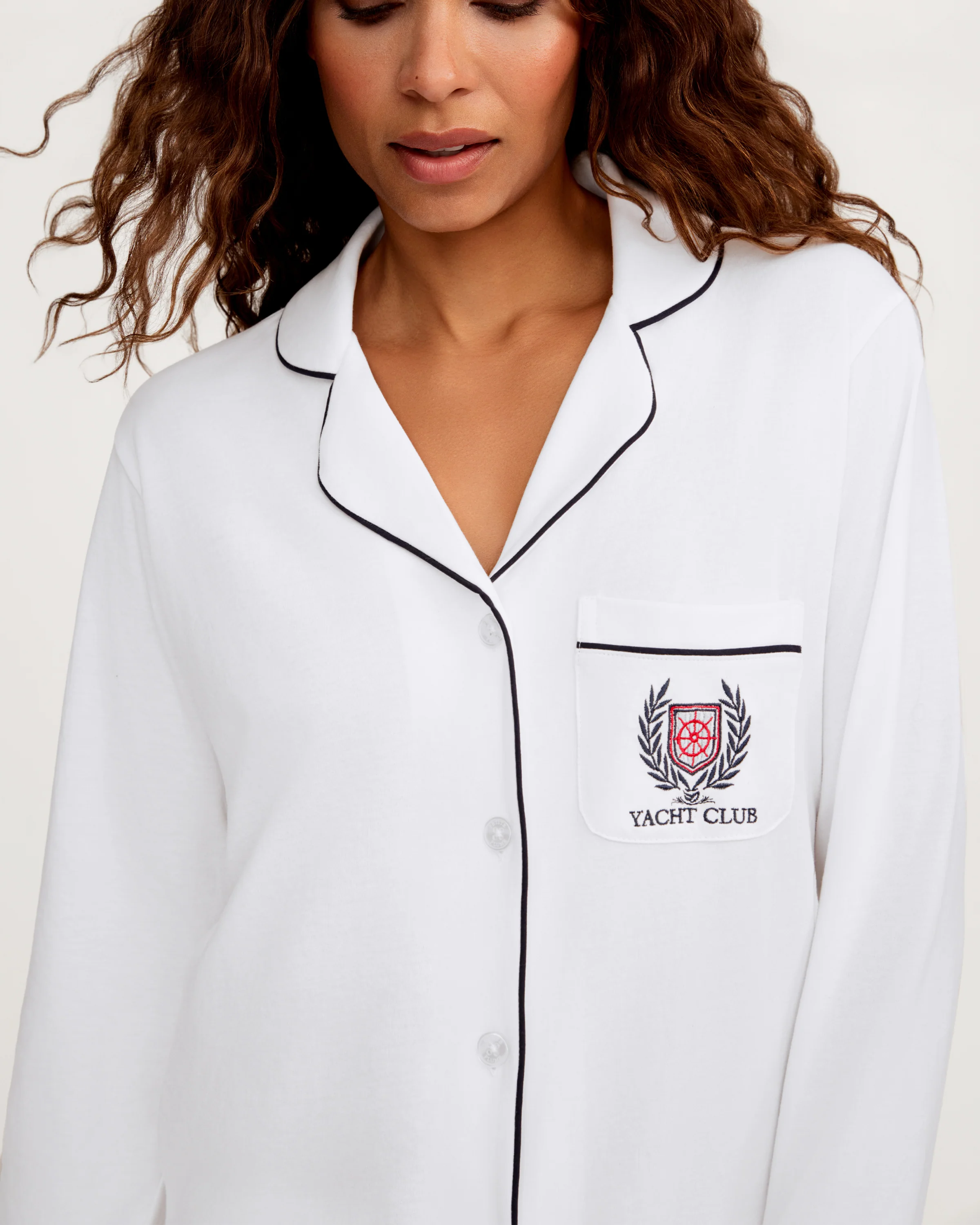 Women's Pima Pajama Set in White with Yacht Club Embroidery - Image 2