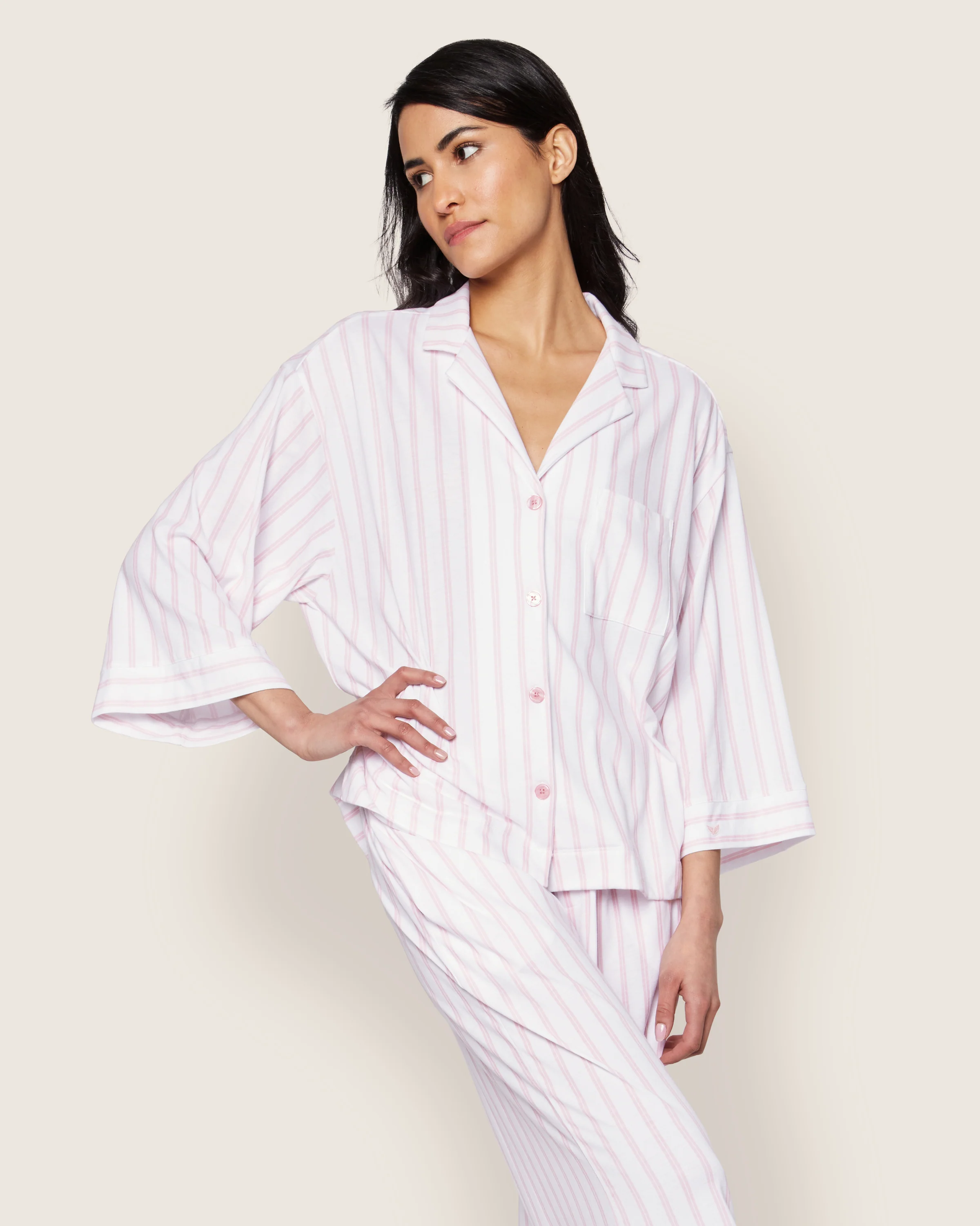 The Olivia Wide Leg Pima Pajama Set in Pink Stripe - Image 4