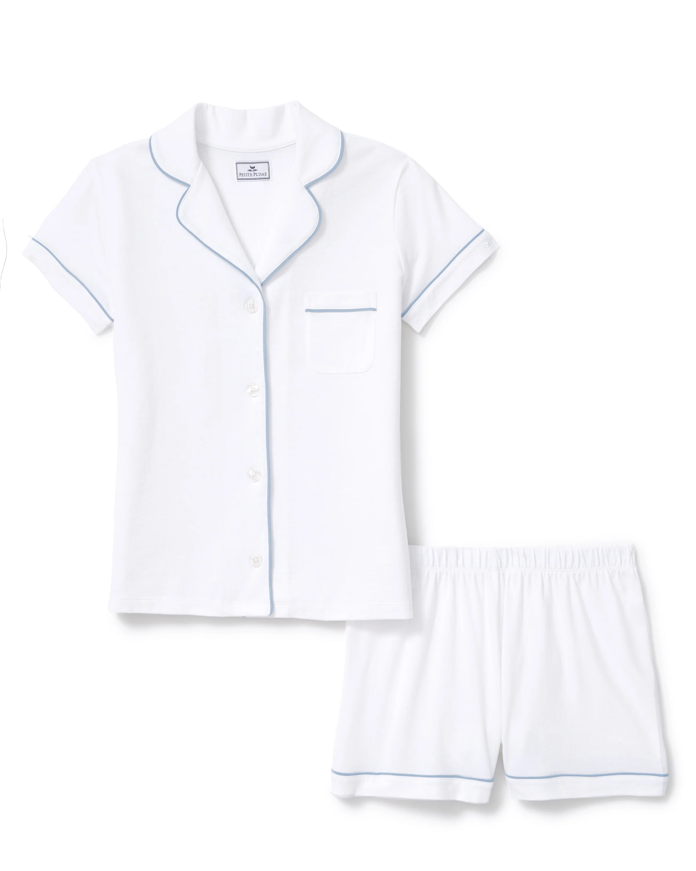 The Poppy Pima Short Set in White with Periwinkle Piping - Image 7