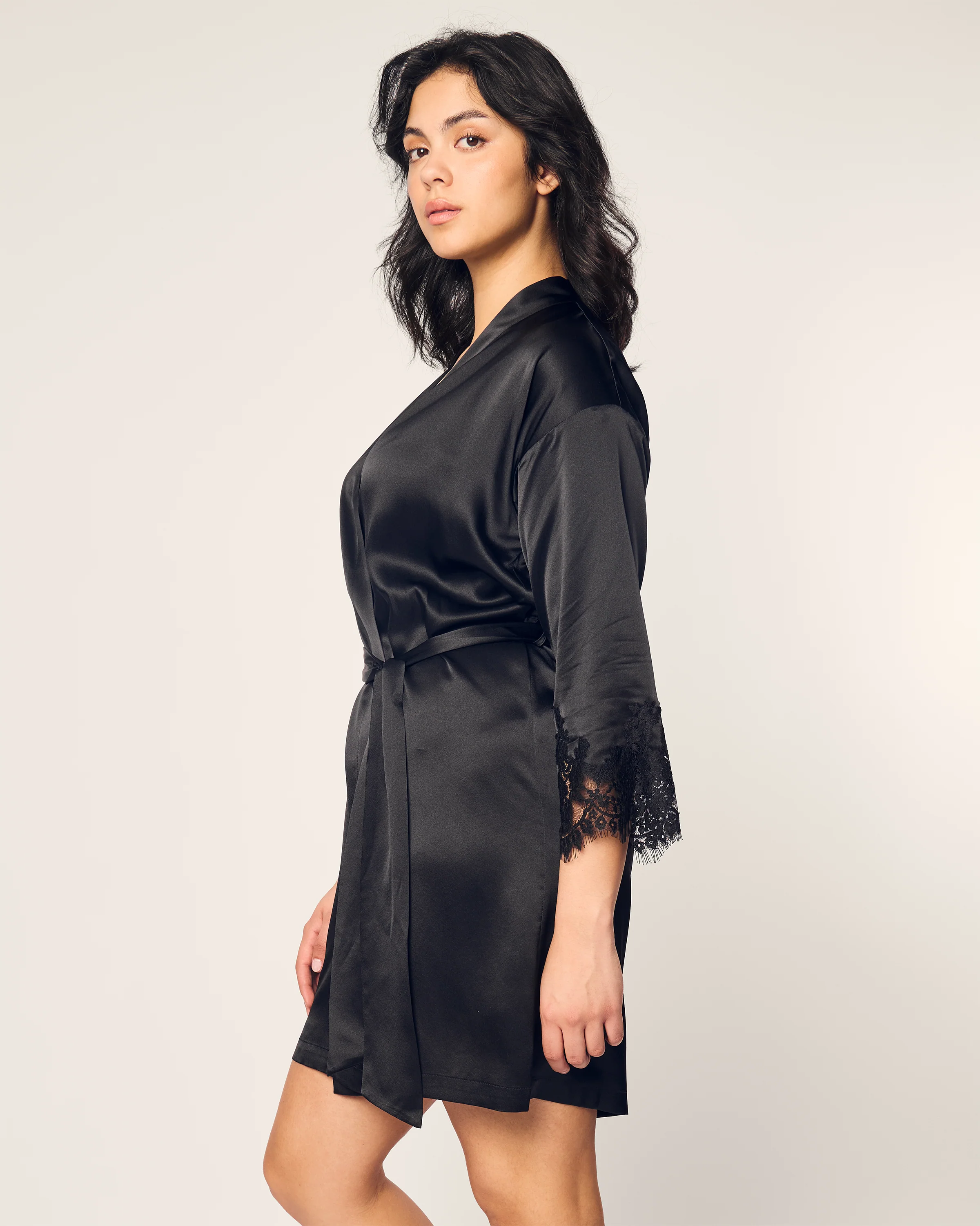 Women's Silk Lace Robe in Black - Image 3