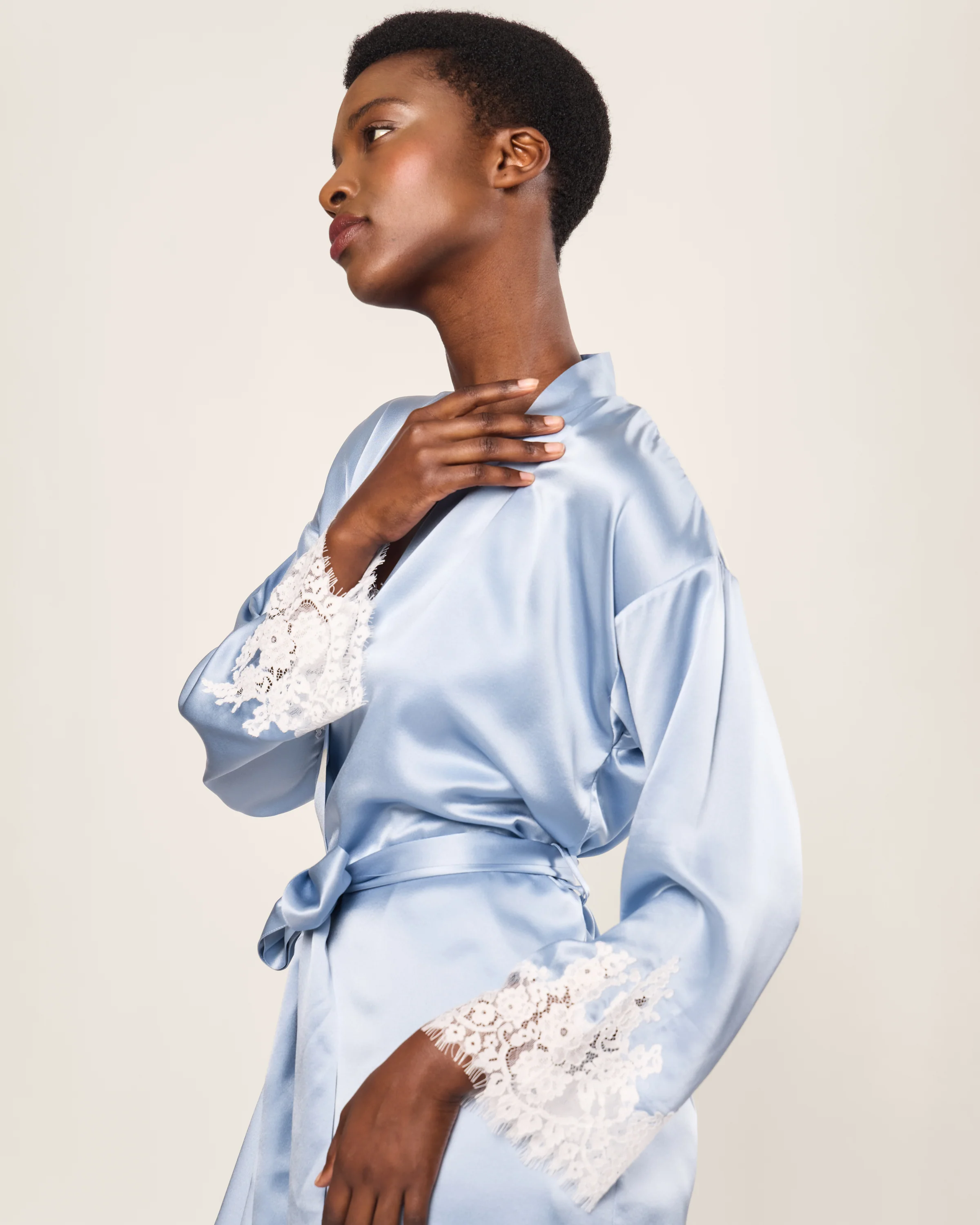 Women's Silk Lace Robe in Periwinkle - Image 5