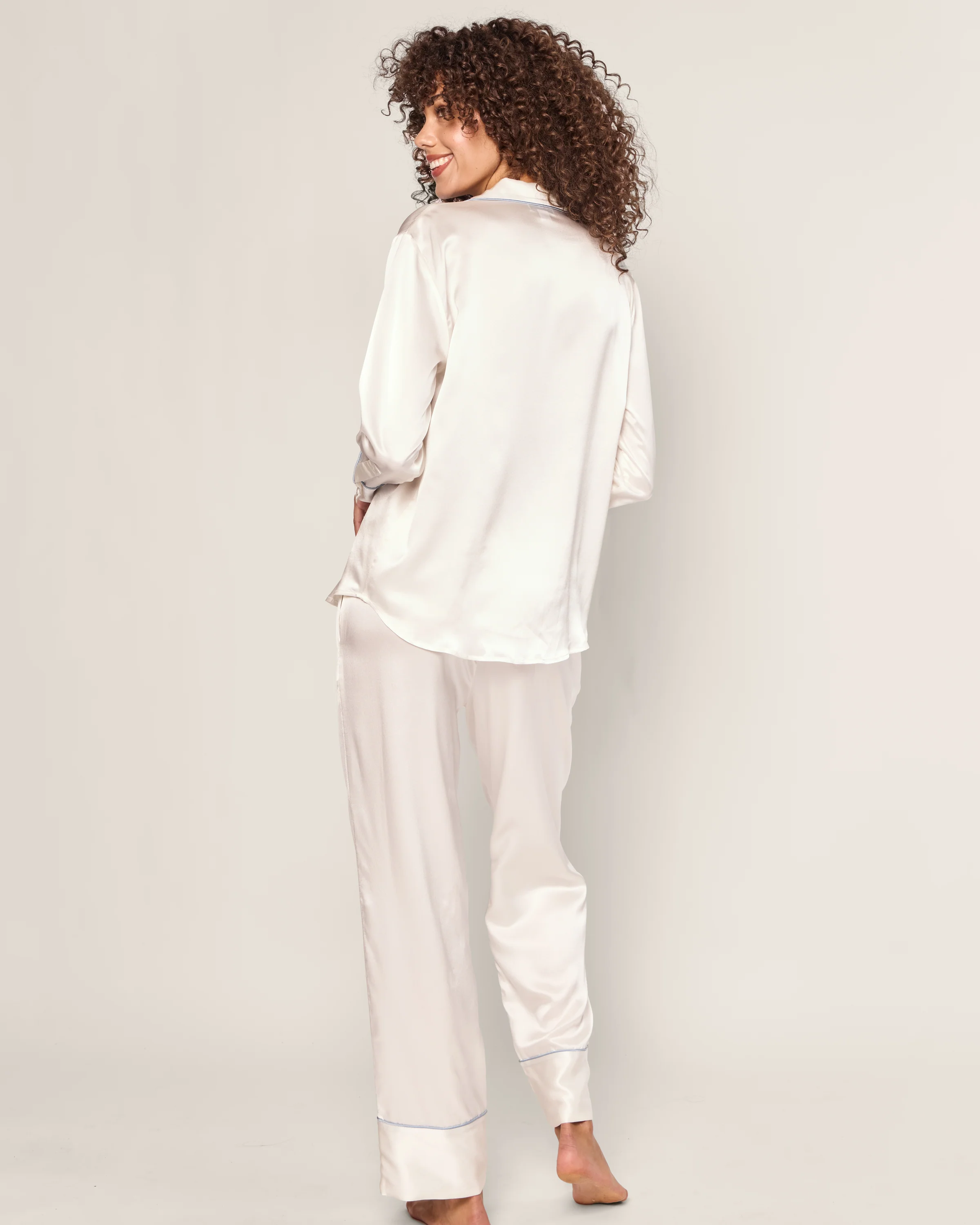 Women's Silk Pajama Set in White with Periwinkle Piping - Image 3