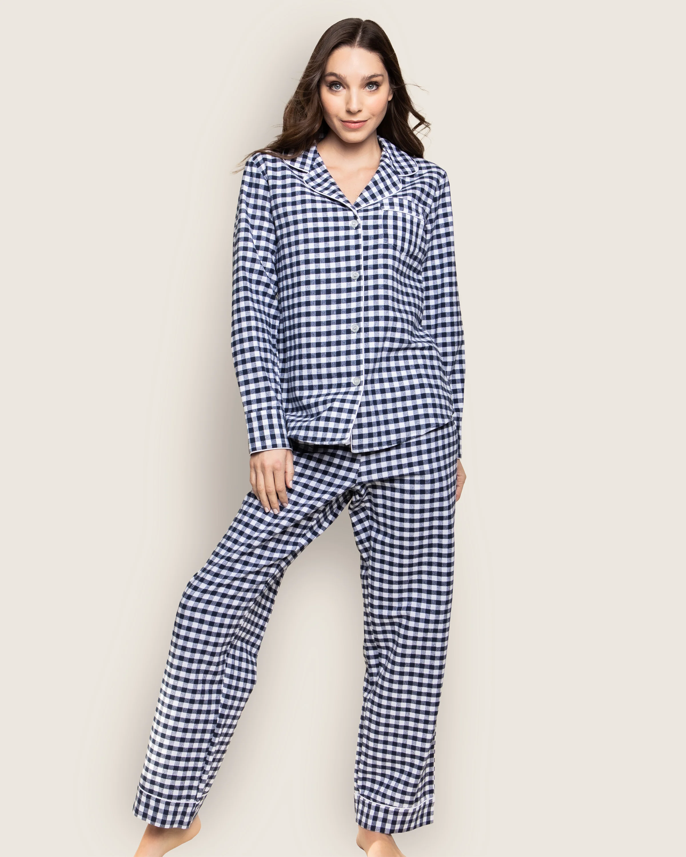 Women's Twill Pajama Set in Navy Gingham - Image 2