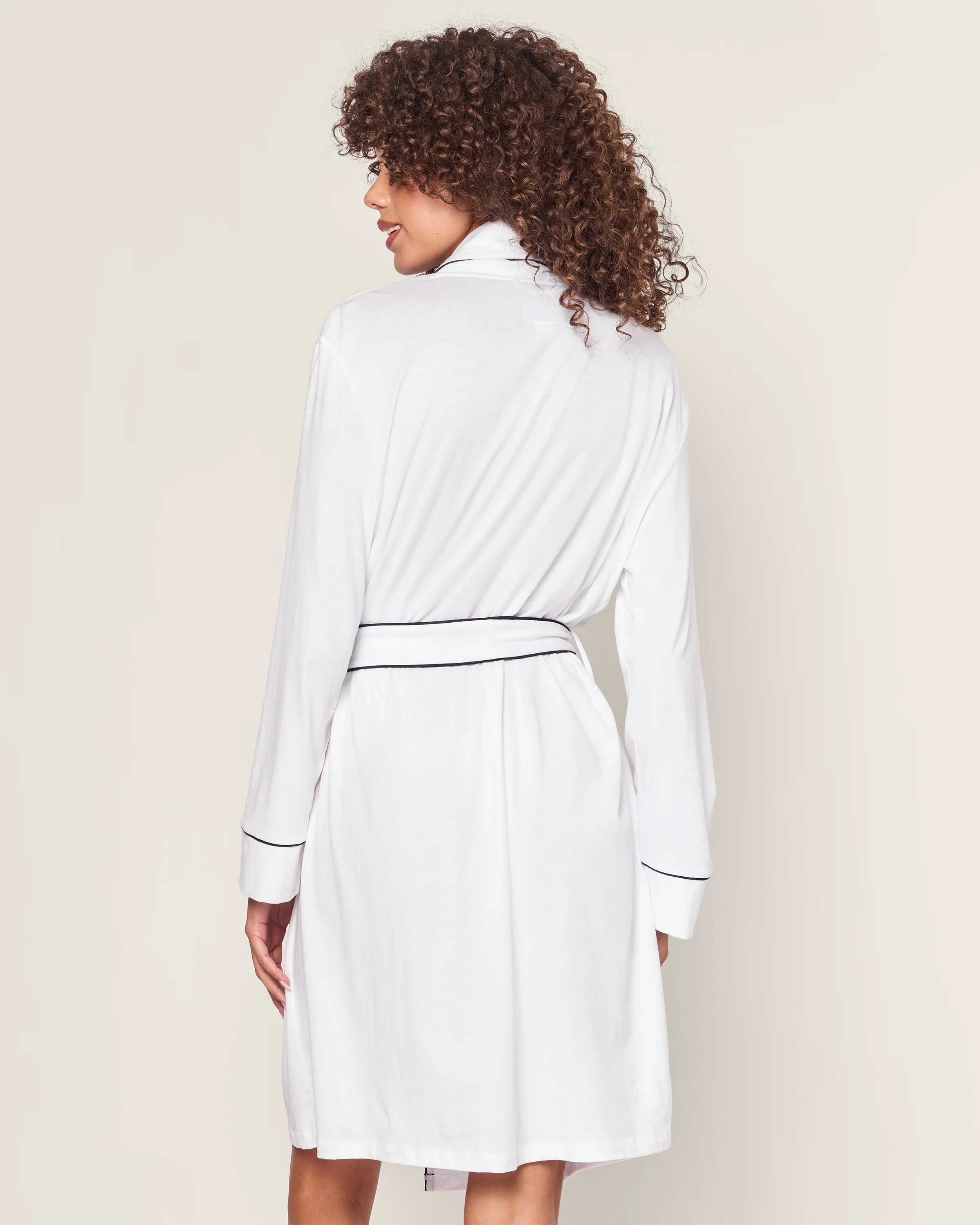 Women's Pima Robe in White with Navy Piping - Image 3