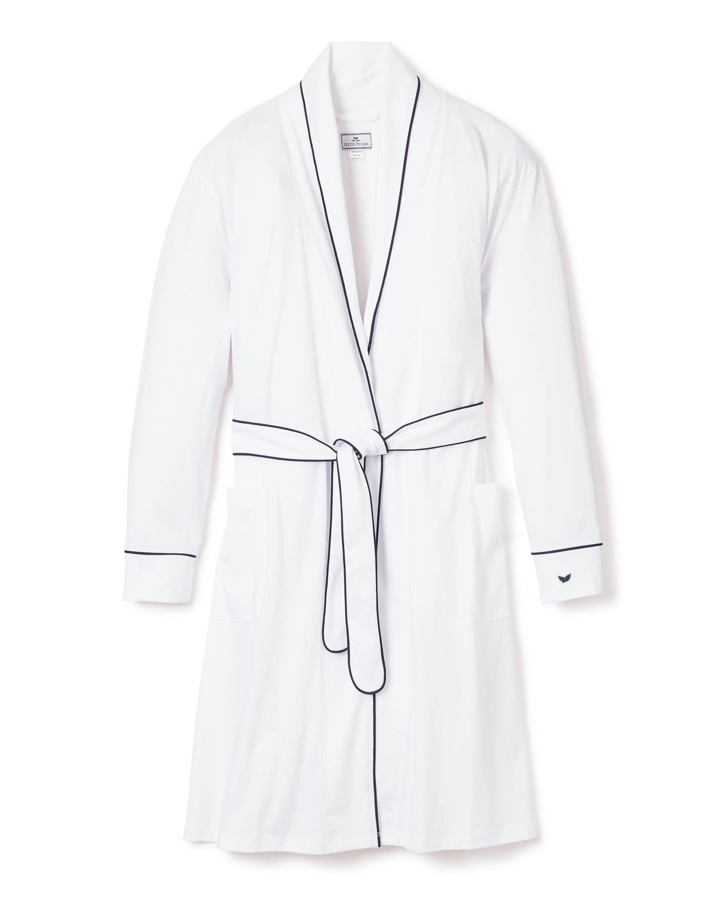 Women's Pima Robe in White with Navy Piping - Image 5