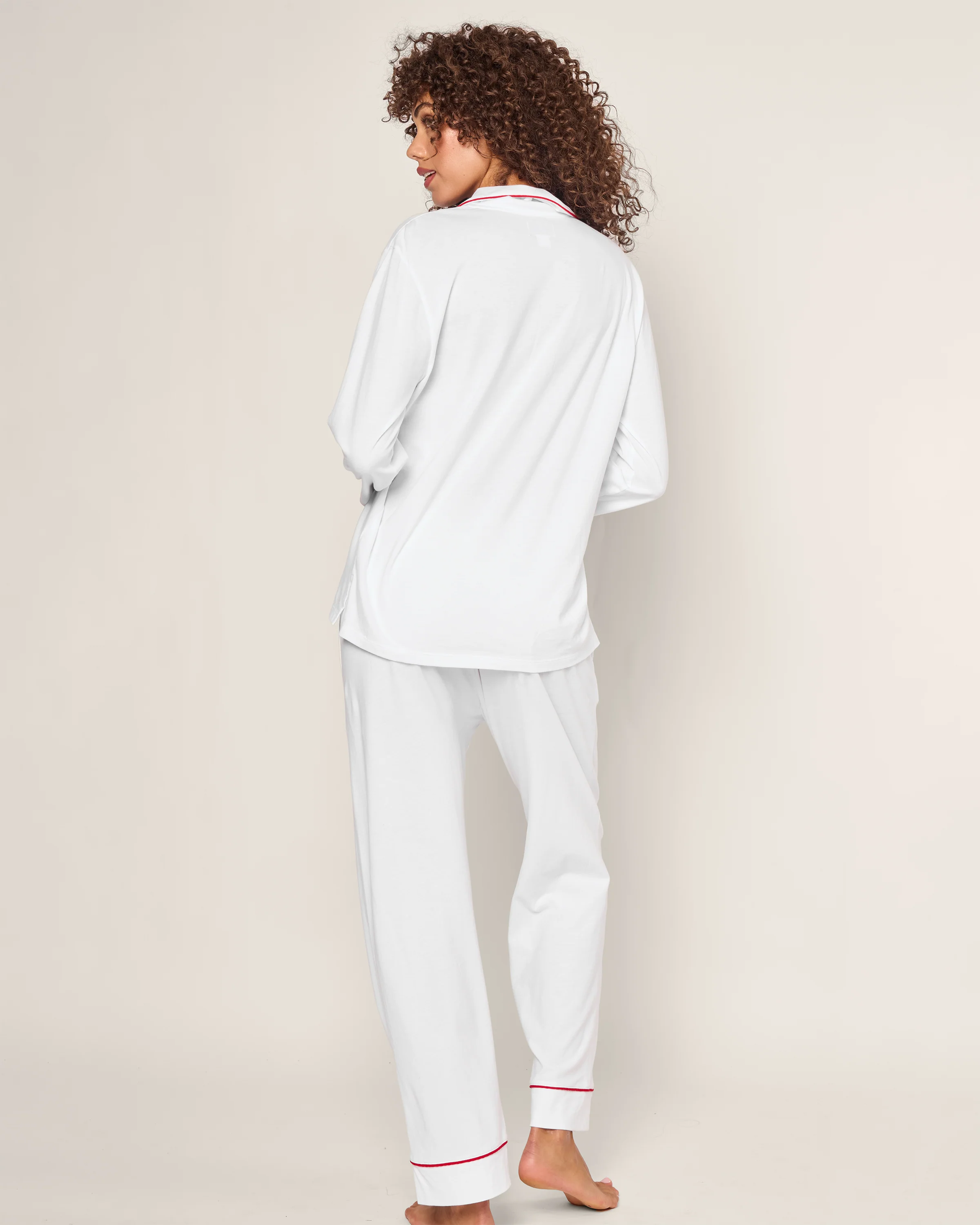Women's Pima Pajama Set in White With Red Piping - Image 3