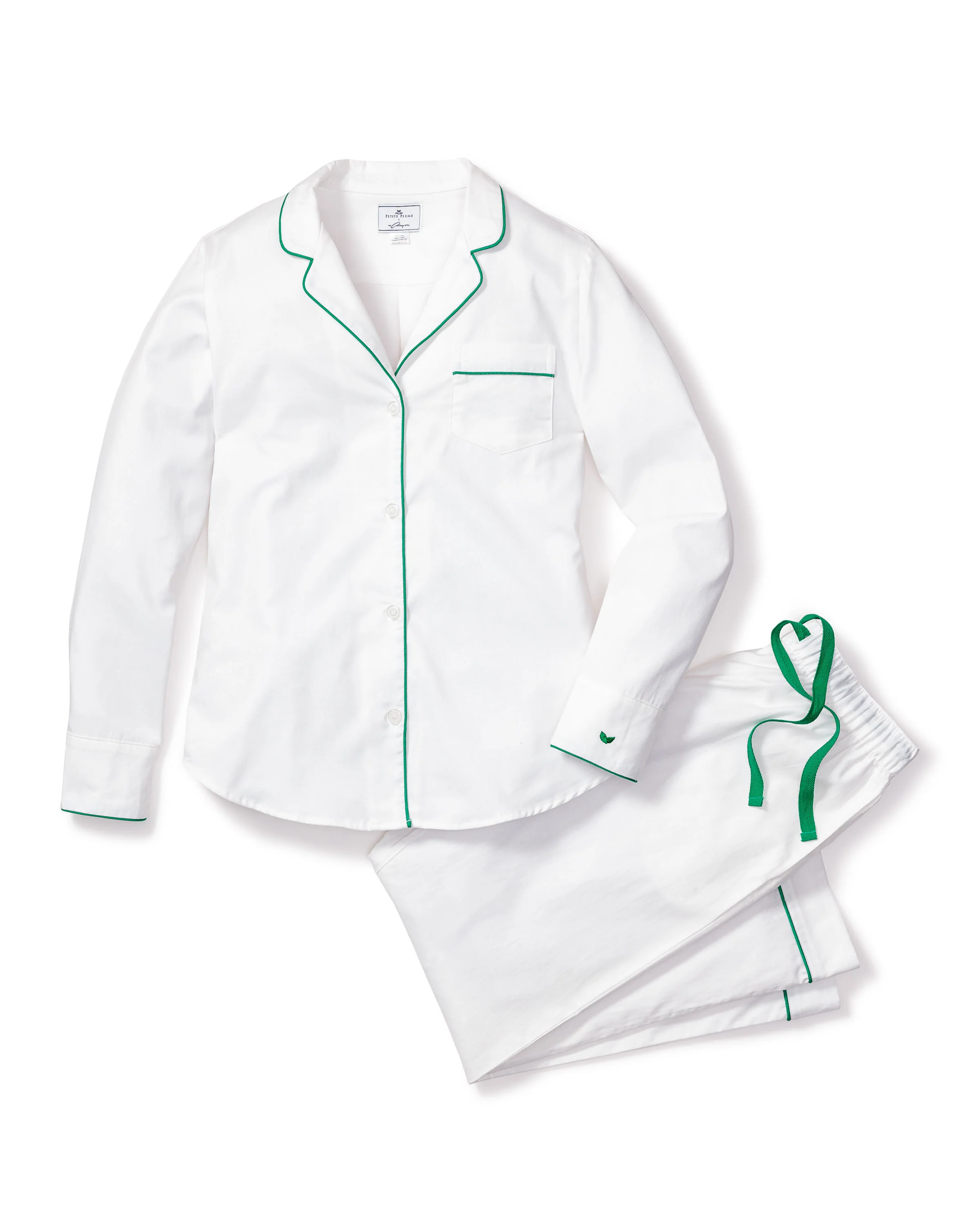 Women's Twill Pajama Set in White with Green Piping - Image 3